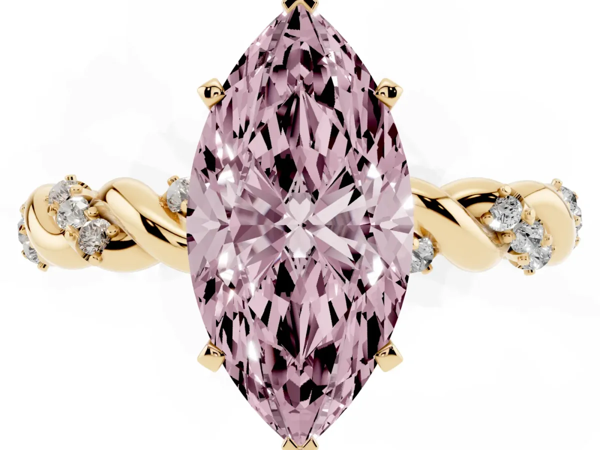 Fancy Pink Marquise Cut Diamond Solitaire Ring with Twisted Band and Pavé Accents Yellow gold