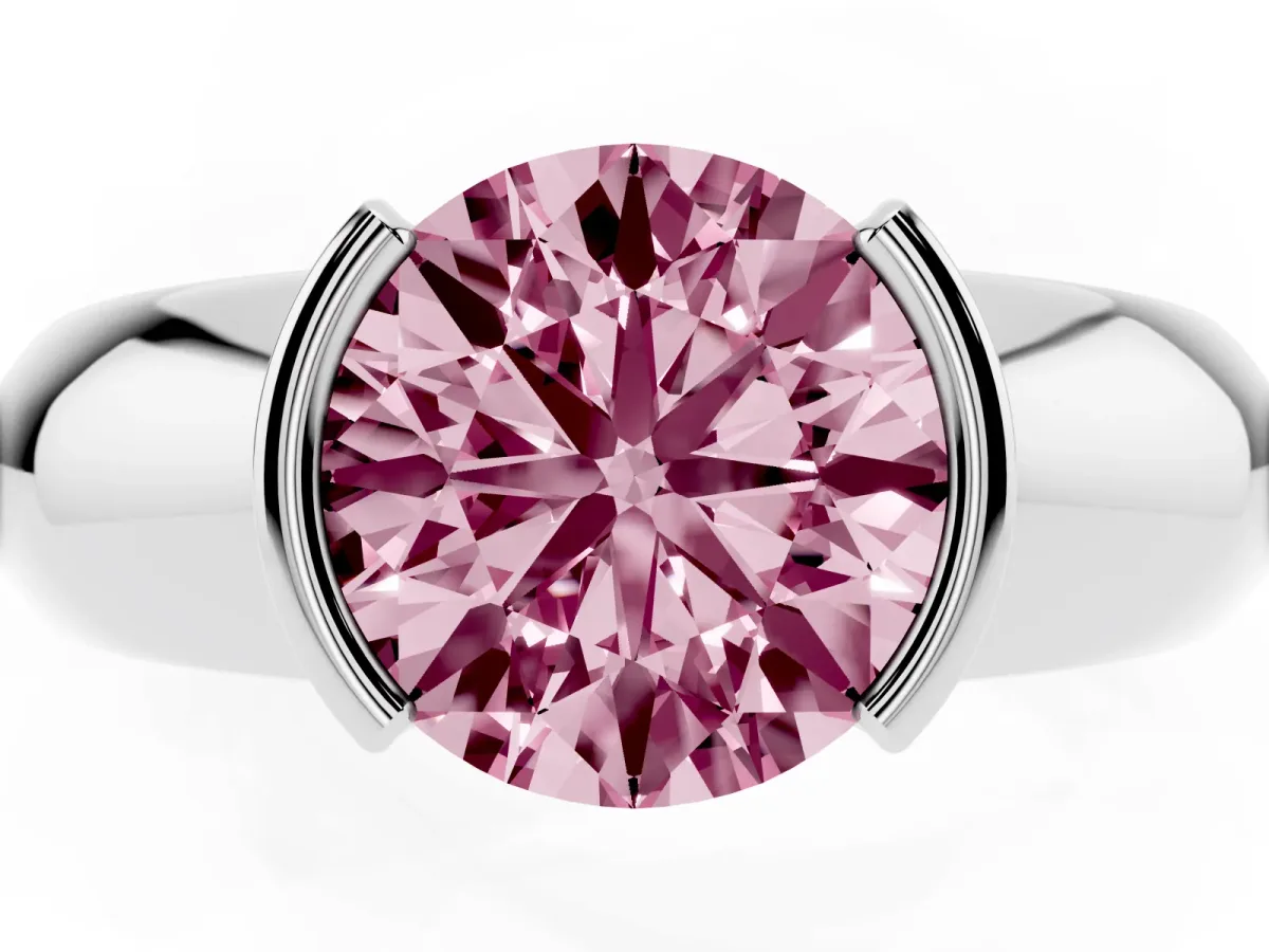 Fancy Pink Round Cut Solitaire Tension Set Diamond Ring with Wide Band Silver
