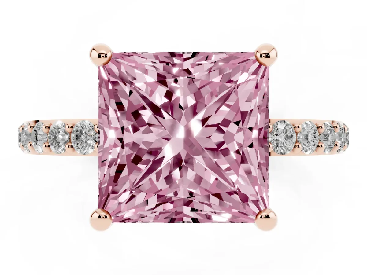 Fancy Pink Princess Cut Diamond Solitaire Ring with Round Pavé Band and Prong Setting Rose gold