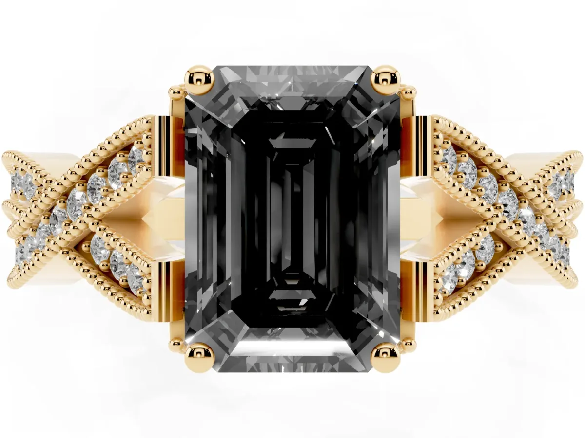 Fancy Black Emerald Cut Cut Diamond Twisted Band with Milgrain Pave Setting and Four-Prong Setting Yellow gold