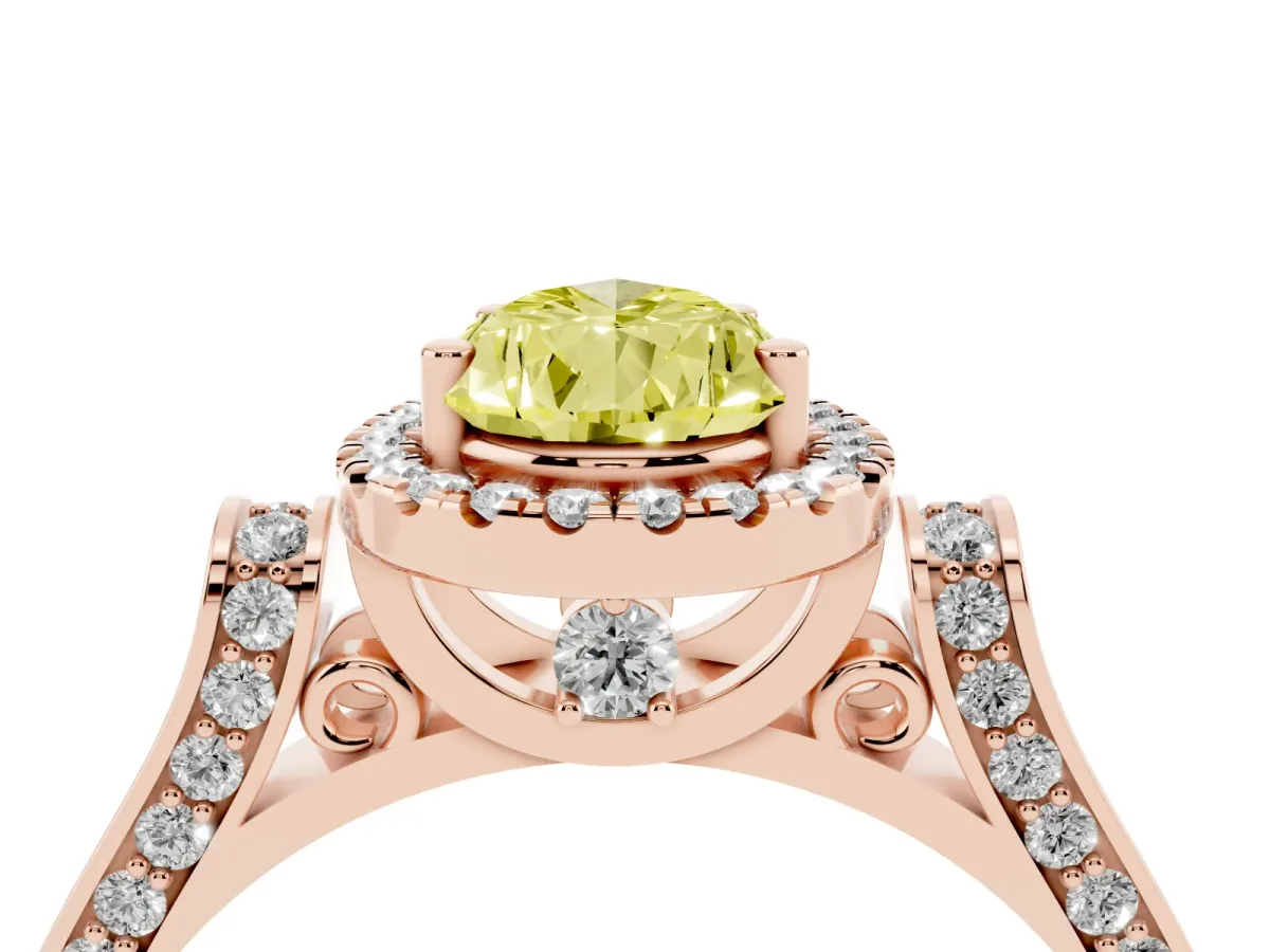 Fancy Yellow Pear Cut Halo Pave Split Shank Prong Setting Ring Rose gold