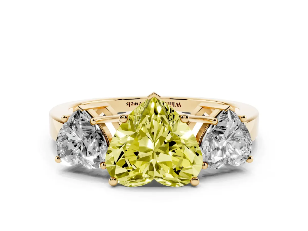 Fancy Yellow Three-Stone Heart Cut Cut Diamond Engagement Ring with Flat Band and Four-Prong Setting Yellow gold