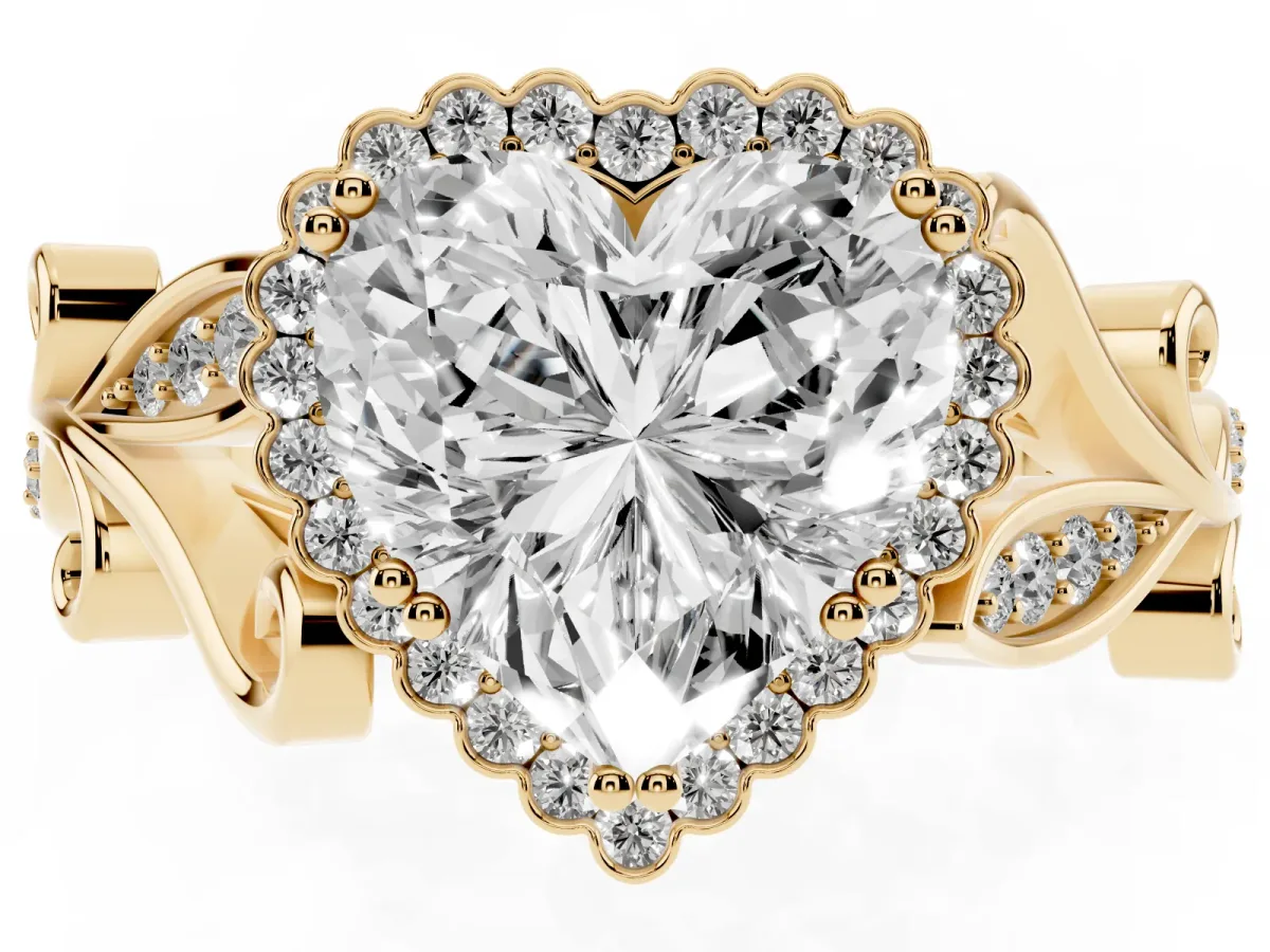 Heart Cut Diamond Halo Ring with Vintage Split Shank and Four-Prong Setting Yellow gold