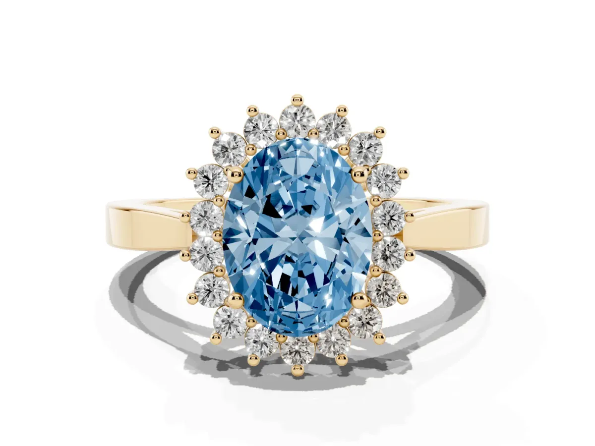 Fancy Blue Oval Cut Cut Diamond Halo Ring with Round Brilliant Halo and Solitaire Band Yellow gold