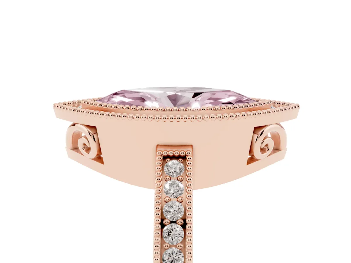 Fancy Pink Marquise Cut Cut Halo Diamond Ring with Pavé Band and Milgrain Prong Setting Rose gold