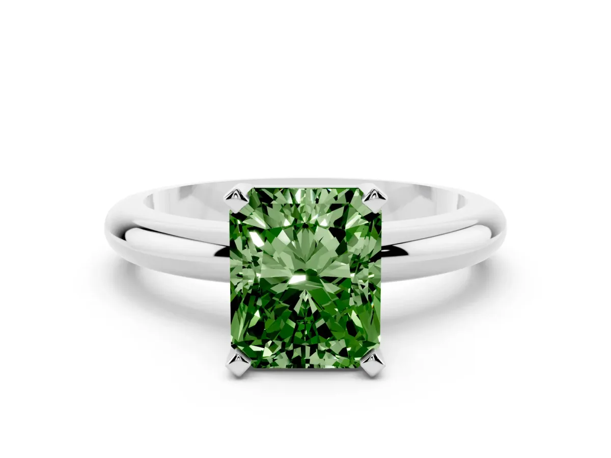 Fancy Green Radiant Cut Diamond Solitaire Engagement Ring with Round Band and Four-Prong Setting Silver