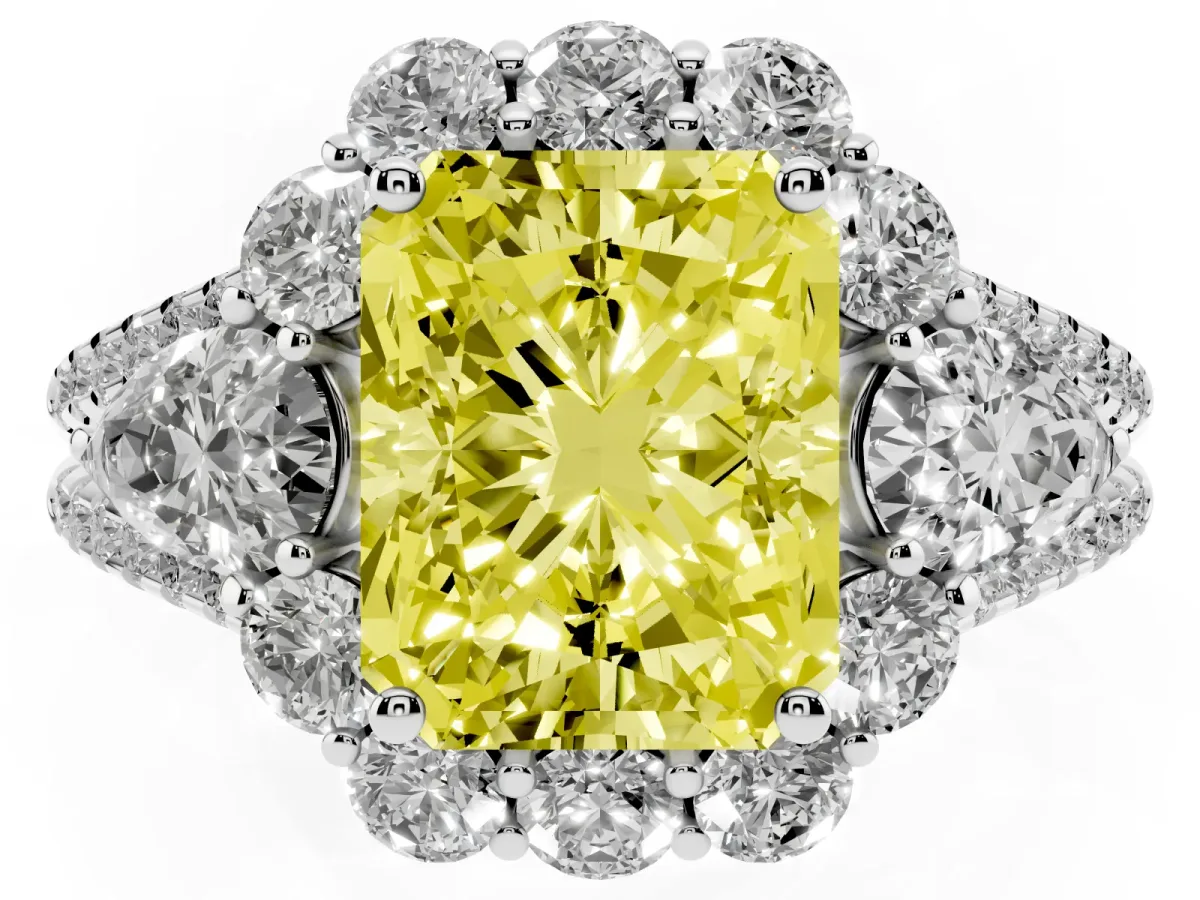 Fancy Yellow Radiant Cut Halo Split Shank Diamond Engagement Ring with Prong Setting Silver