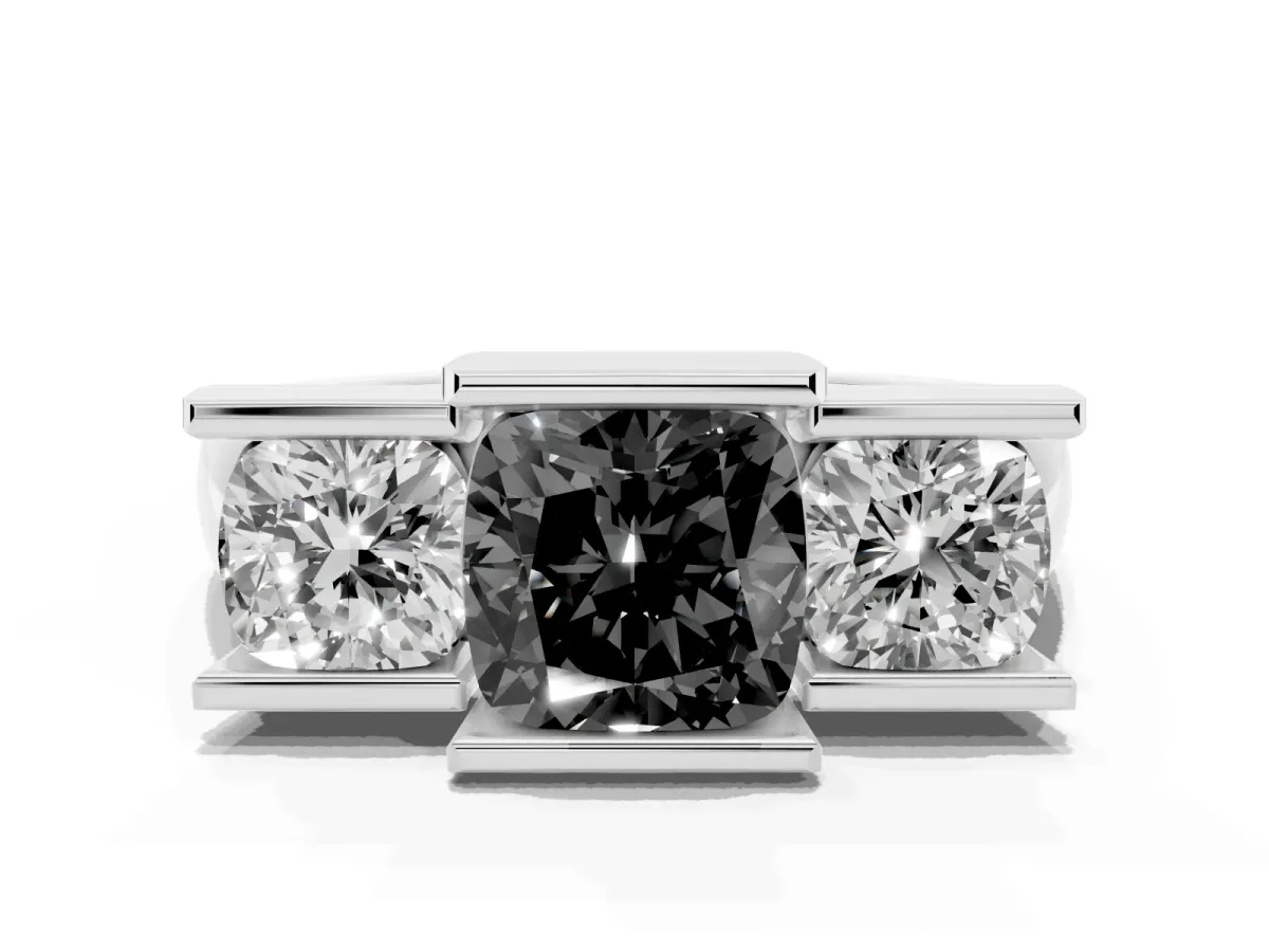 Fancy Black Three Stone Cushion Cut Cut Channel Set Diamond Ring Platinum