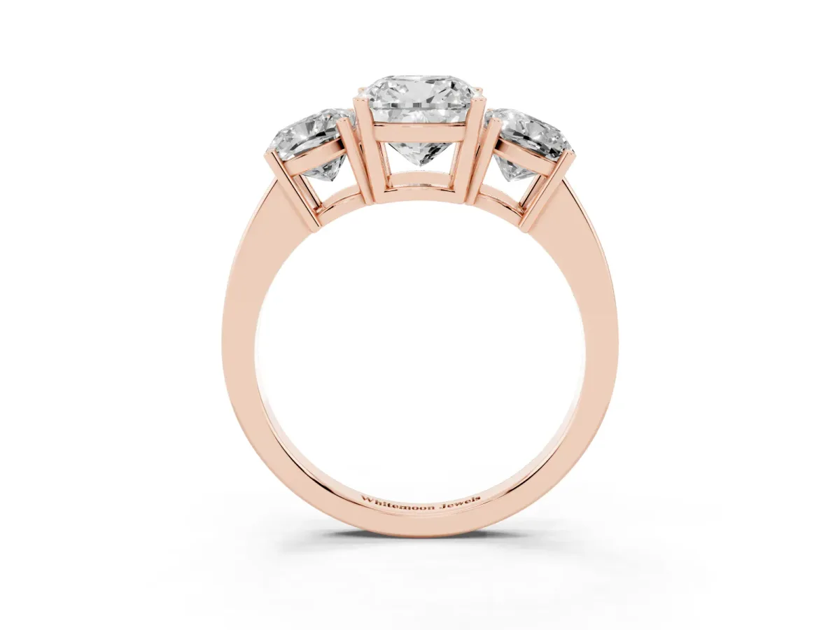 Three-Stone Cushion Cut Cut Diamond Engagement Ring with Flat Band and Four-Prong Setting Rose gold