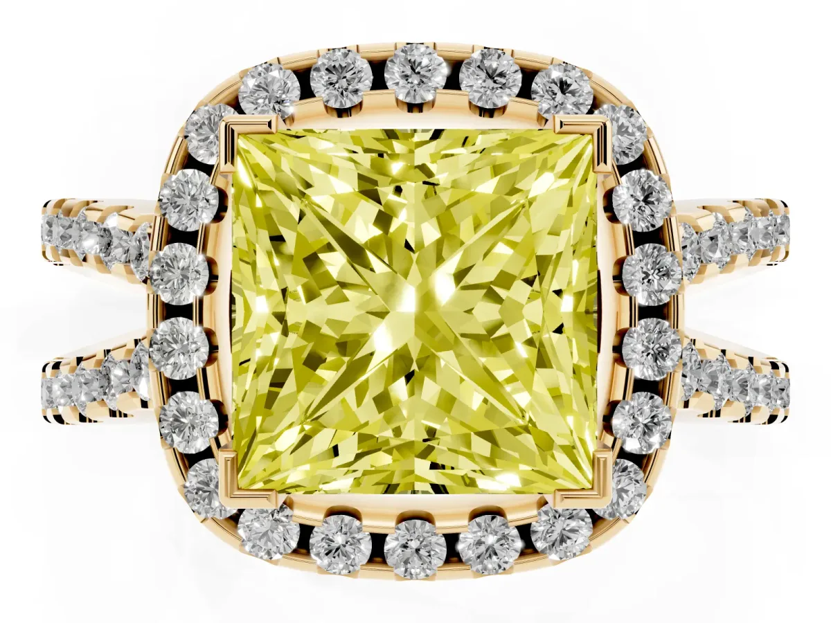 Fancy Yellow Princess Cut Diamond Halo Ring with Split Shank Pavé Band and Prong Setting Yellow gold
