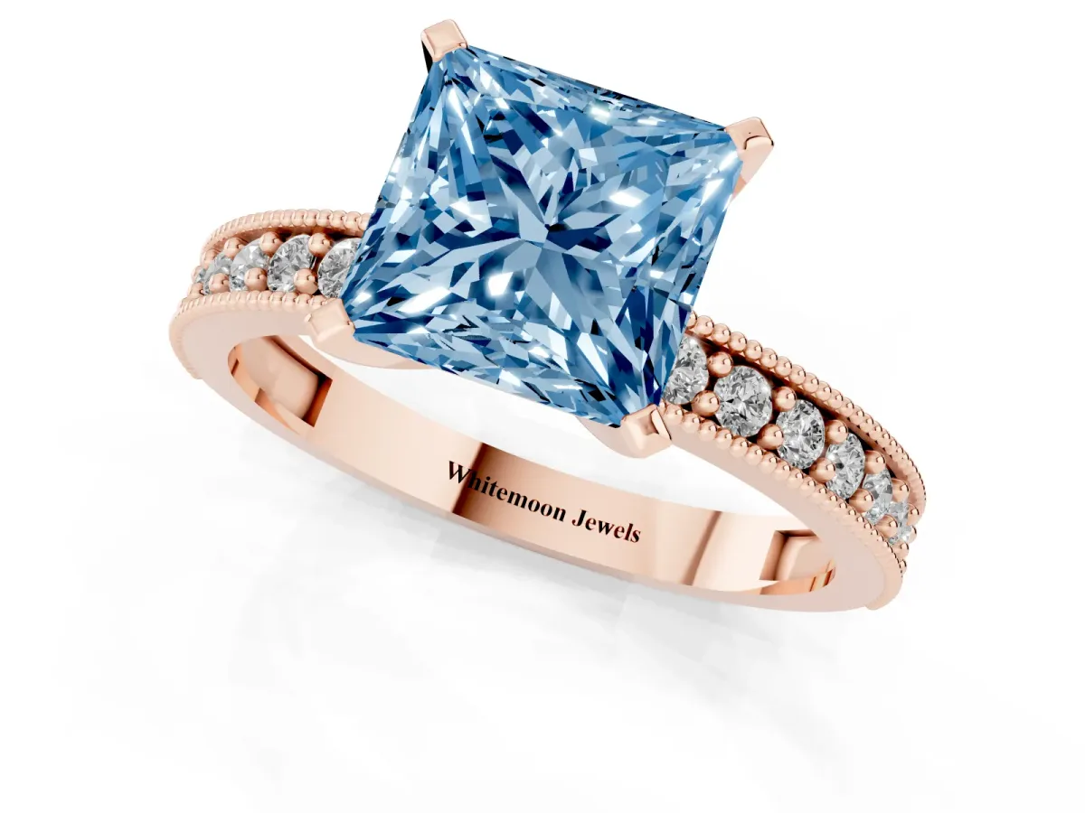 Fancy Blue Princess Cut Diamond Milgrain Pavé Engagement Ring with Four-Prong Setting Rose gold