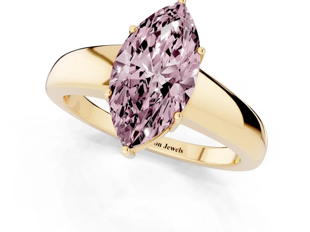 Fancy Pink Marquise Cut Solitaire Diamond Ring with Tapered Band and Four-Prong Setting Yellow gold