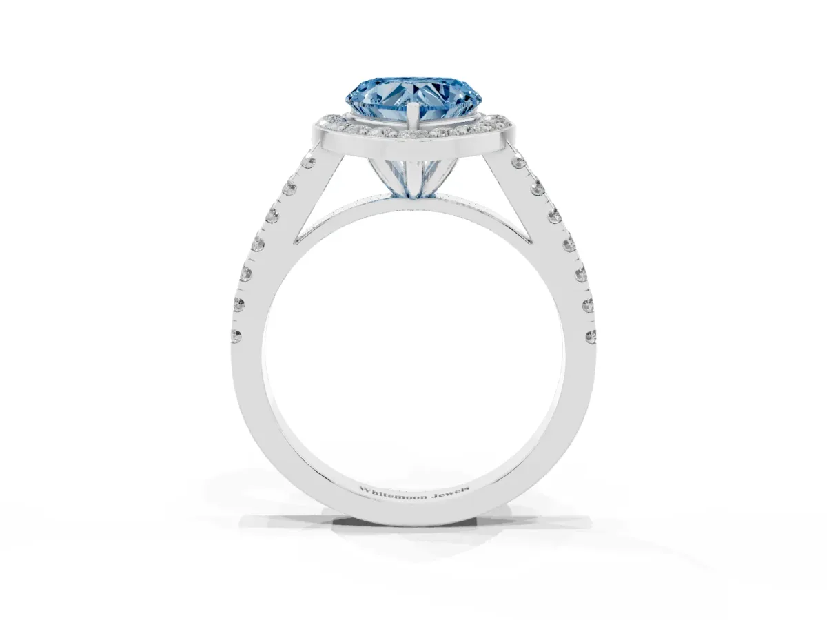 Fancy Blue Heart Cut Diamond Halo Ring with Round Pavé Split Shank and Prong Setting Silver