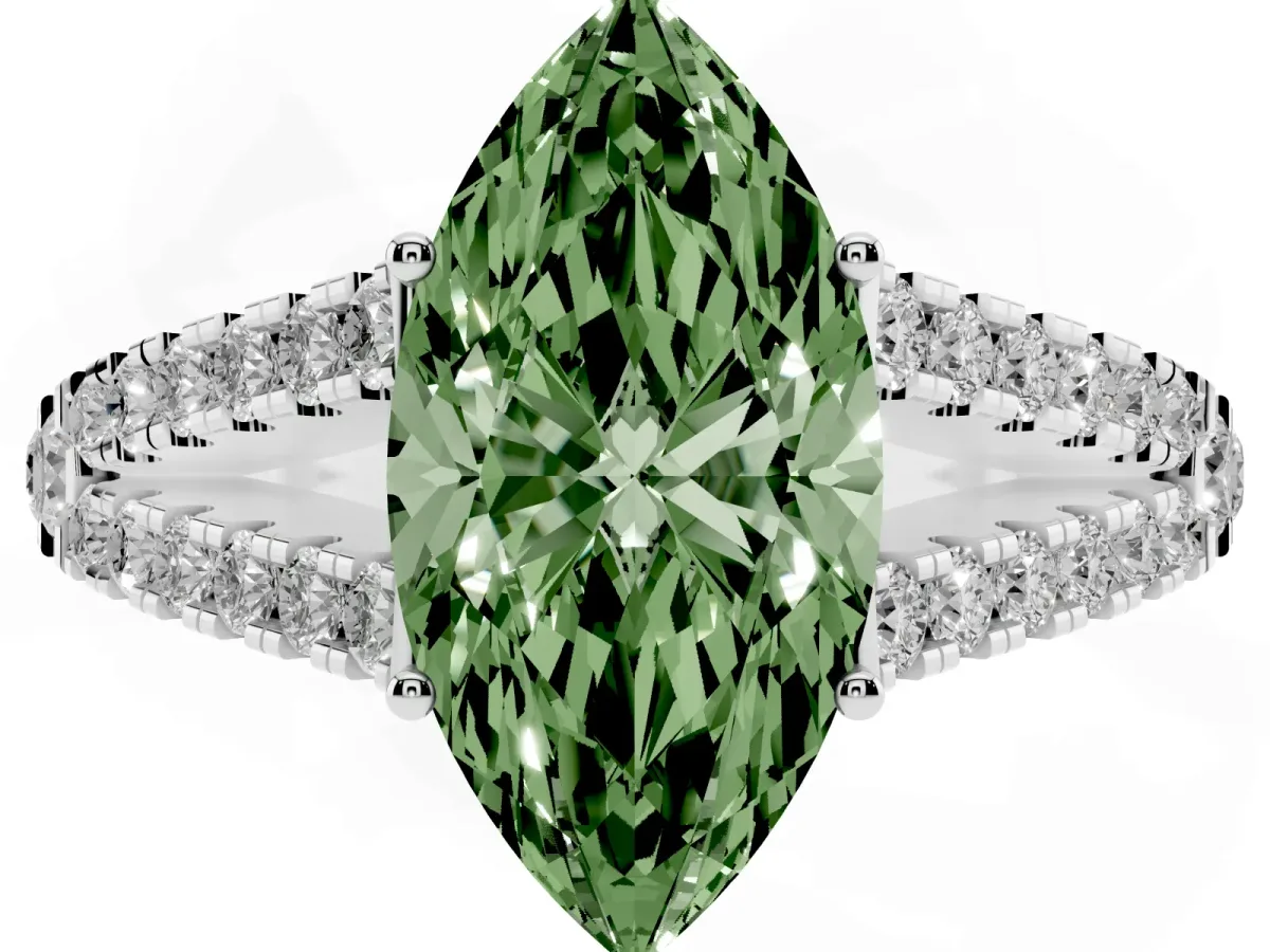 Fancy Green Marquise Cut Diamond Split Shank Engagement Ring with Round Pavé and Prong Setting Silver
