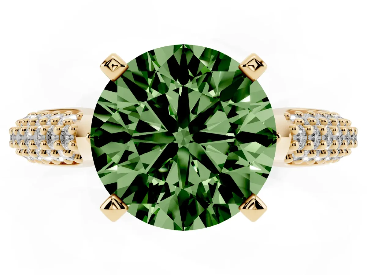 Fancy Green Round Cut Diamond Solitaire Engagement Ring with Multi-Row Round Pavé Band and Prong Setting Yellow gold