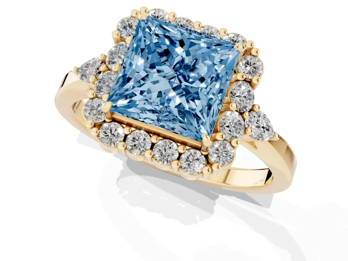 Fancy Blue Princess Cut Diamond Halo Ring with Pear Side Stones and Prong Setting Yellow gold
