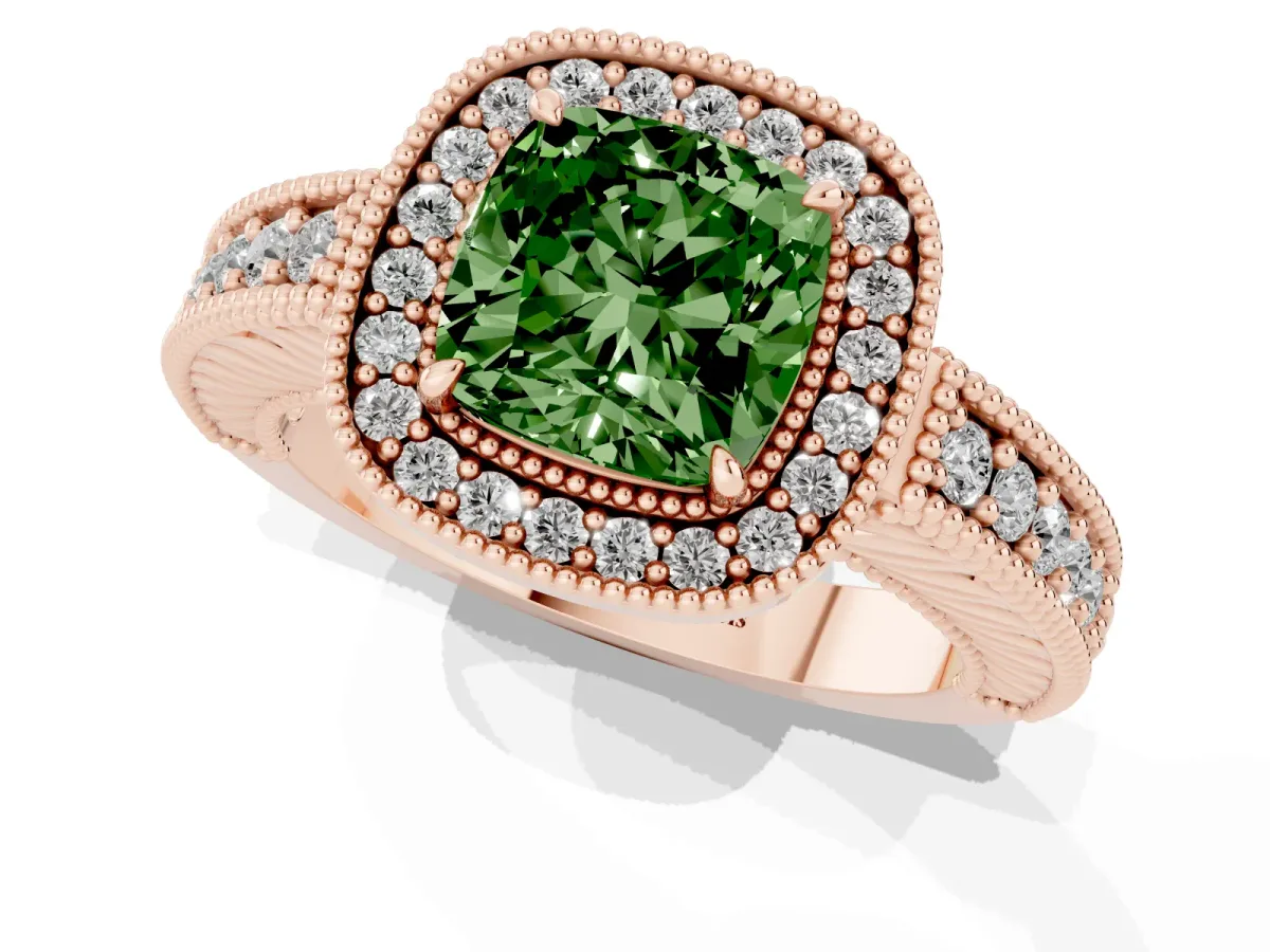 Fancy Green Cushion Cut Cut Halo Diamond Ring with Pavé Band and Four-Prong Setting Rose gold