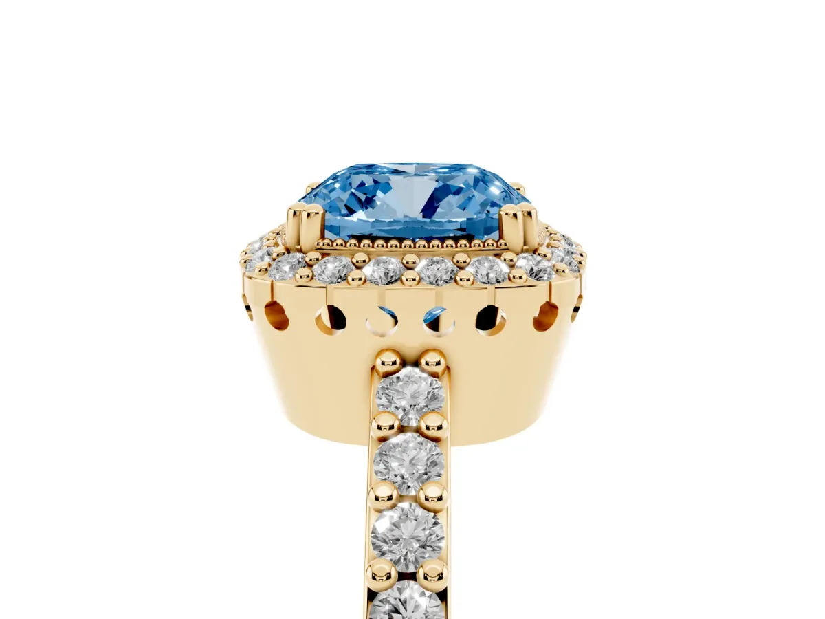 Fancy Blue Cushion Cut Cut Diamond Halo Engagement Ring with Milgrain Detail and Pavé Band Yellow gold