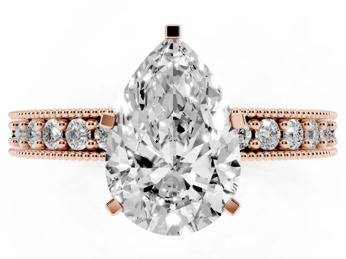 Pear Cut Diamond Milgrain Pavé Engagement Ring with Four-Prong Setting Rose gold