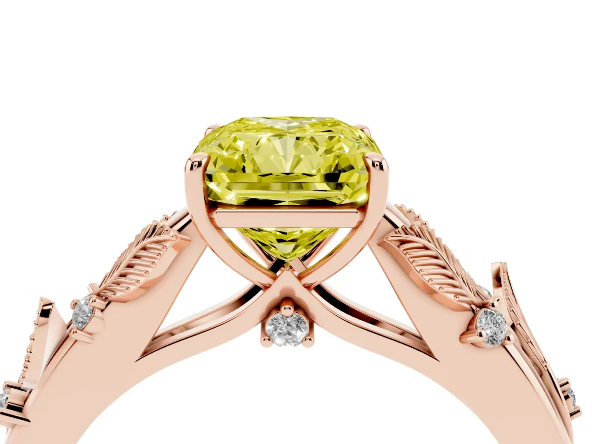 Fancy Yellow Radiant Cut Diamond Solitaire Ring with Leaf Motif Band and Four-Prong Setting Rose gold