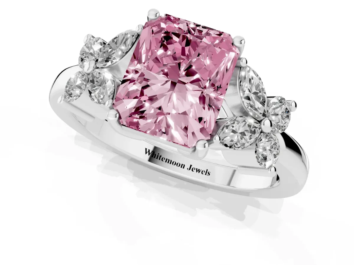 Fancy Pink Radiant Cut Diamond Floral Cluster Ring with Solitaire Band and Prong Setting Platinum