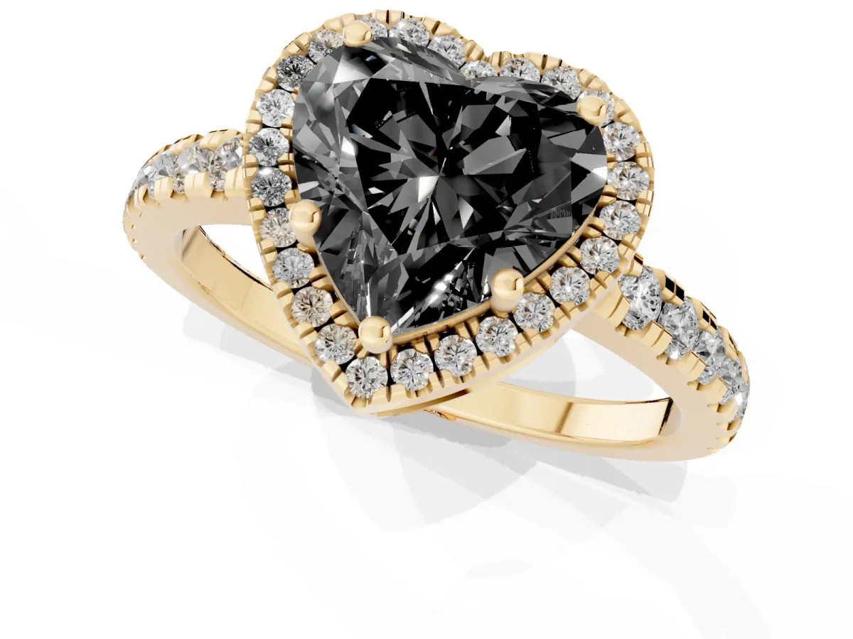 Fancy Black Heart Cut Diamond Halo Ring with Pavé Band and Four-Prong Setting Yellow gold