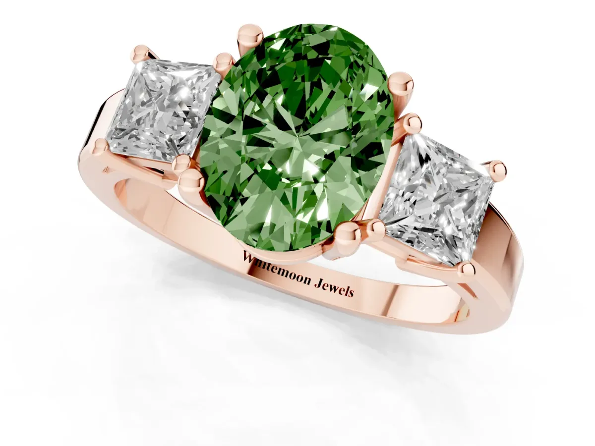 Fancy Green Three-Stone Oval Cut Cut Solitaire Ring with Prong Setting Rose gold