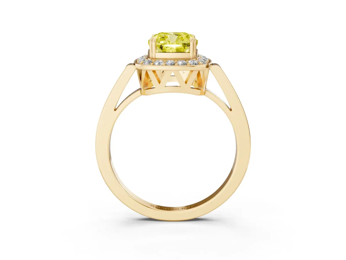 Fancy Yellow Cushion Cut Diamond Halo Ring with Split Shank and Four-Prong Setting Yellow gold