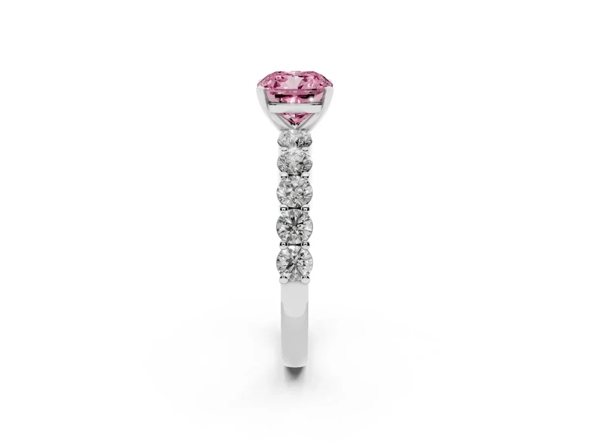 Fancy Pink Cushion Cut Diamond Solitaire Ring with Shared Prong Round Side Stones Silver