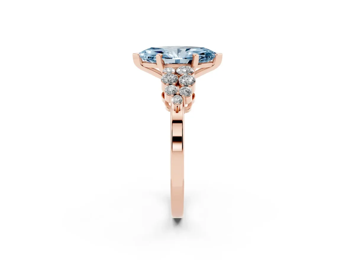 Fancy Blue Marquise Cut Cluster Diamond Engagement Ring with Pavé Band and Four-Prong Setting Rose gold