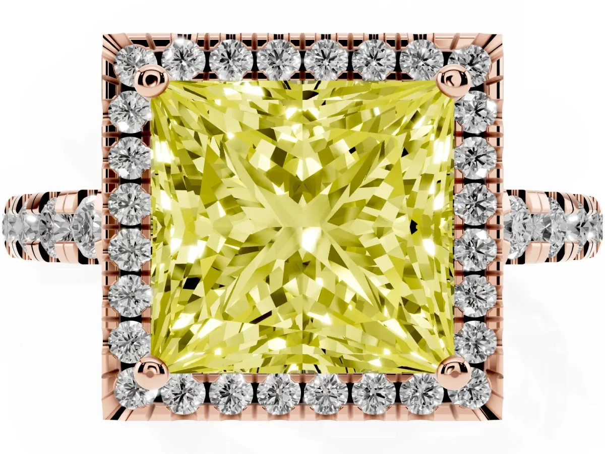 Fancy Yellow Princess Cut Diamond Halo Ring with Pavé Band and Four-Prong Setting Rose gold
