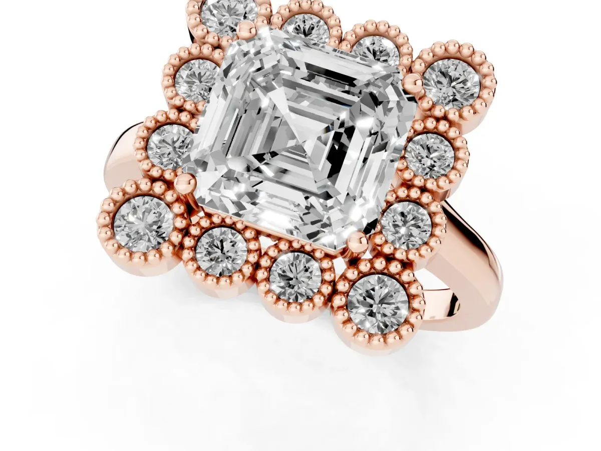 Asscher Cut Halo Diamond Cluster Engagement Ring with Milgrain Bezel Setting and Solitaire Band Rose gold