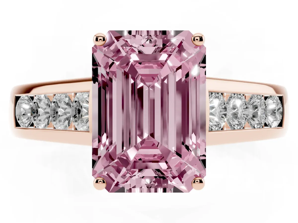 Fancy Pink Emerald Cut Solitaire Channel-Set Diamond Engagement Ring with Four-Prong Setting Rose gold