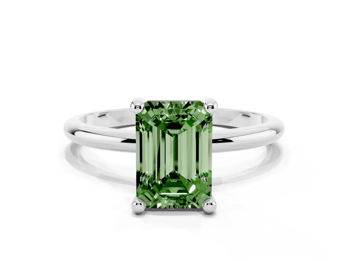 Fancy Green Emerald Cut Solitaire Diamond Ring with 4-Prong Setting on a Classic Band Platinum