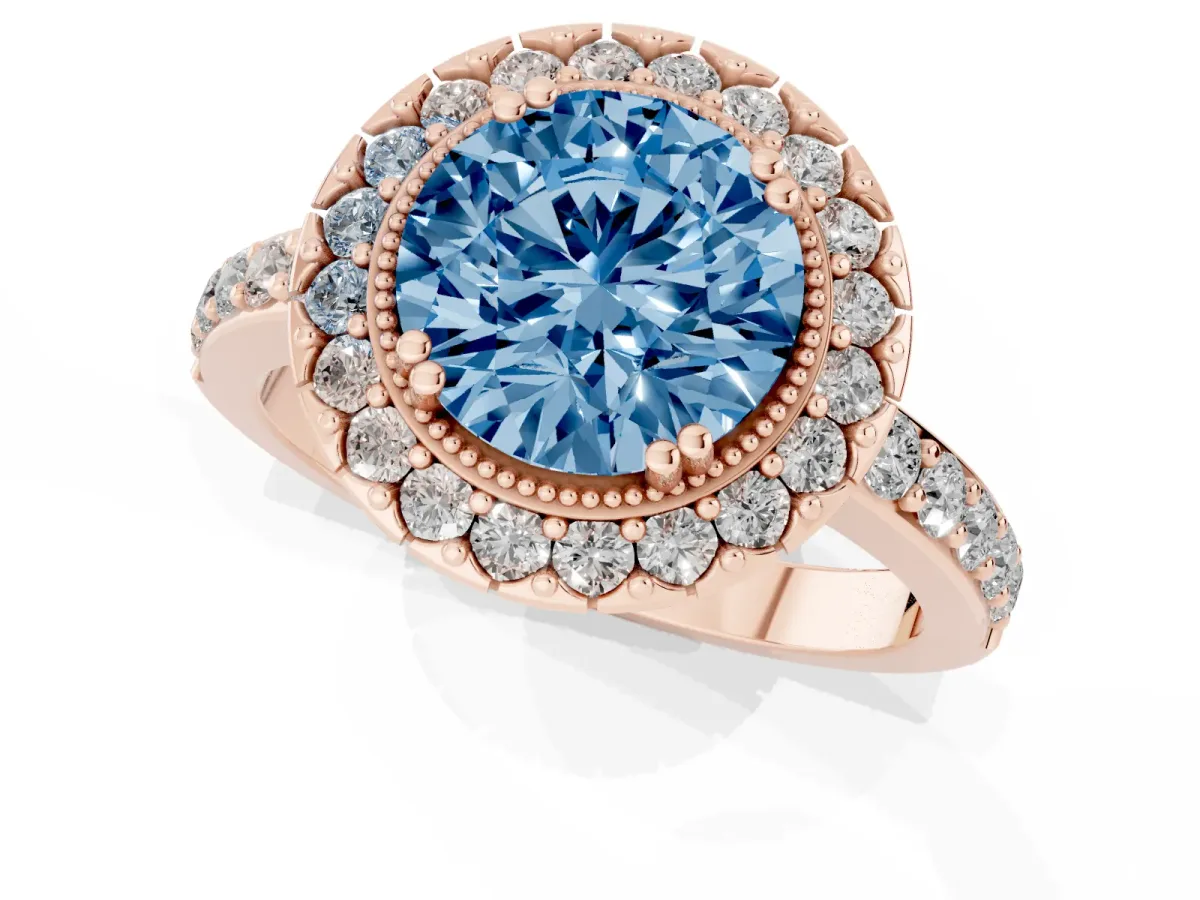 Fancy Blue Round Cut Diamond Halo Ring with Pavé Band and Prong Setting Rose gold