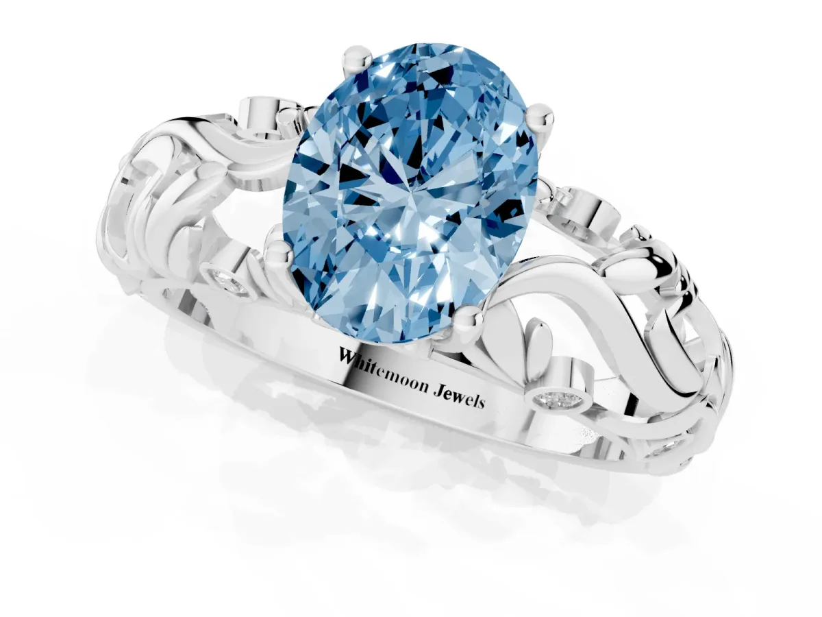 Fancy Blue Oval Cut Solitaire Diamond Leaf-Inspired Vine Band Ring with Prong Setting Platinum