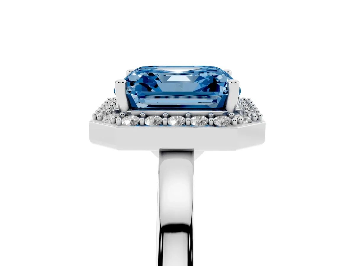 Fancy Blue Asscher Cut Halo Diamond Ring with Solitaire Band and Prong Setting Silver