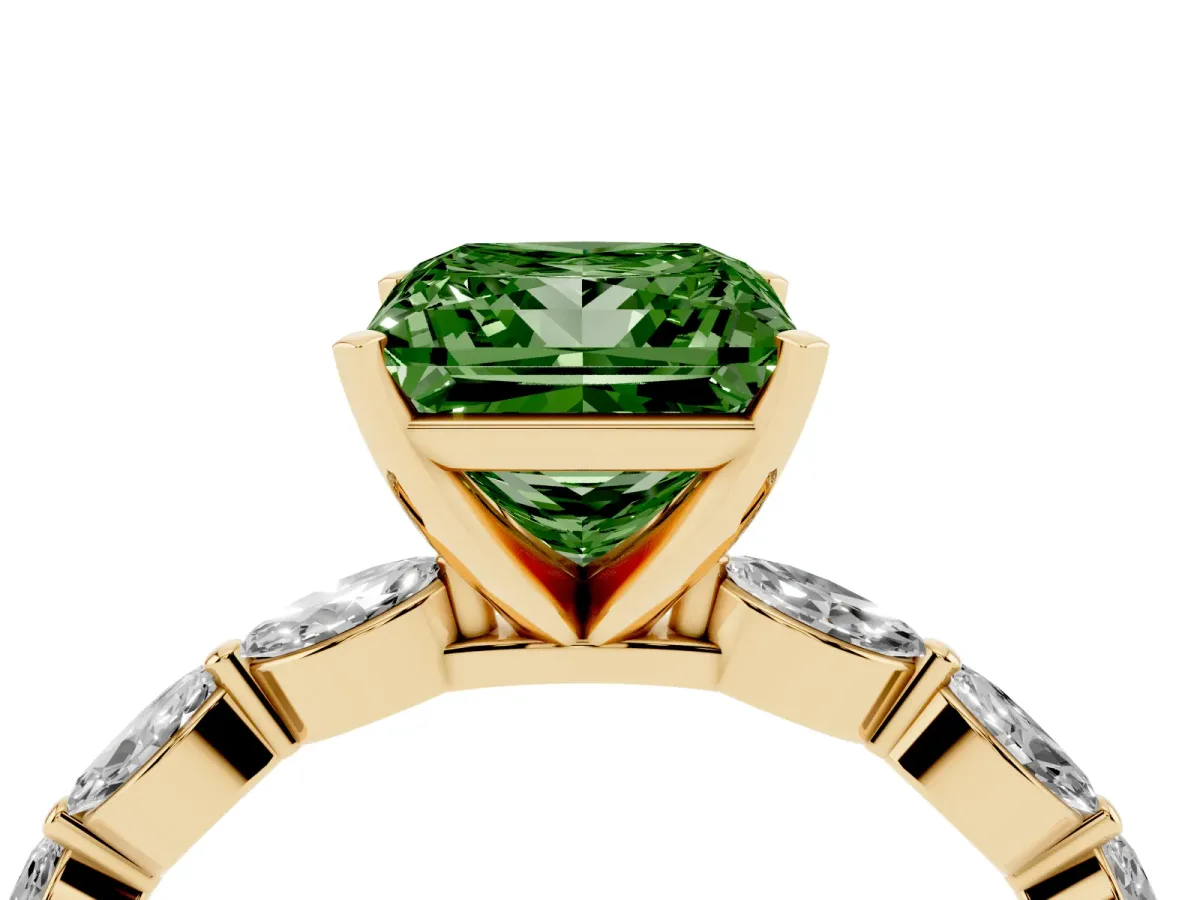 Fancy Green Princess Cut Diamond Ring with Marquise Side Stones and Prong Setting Yellow gold