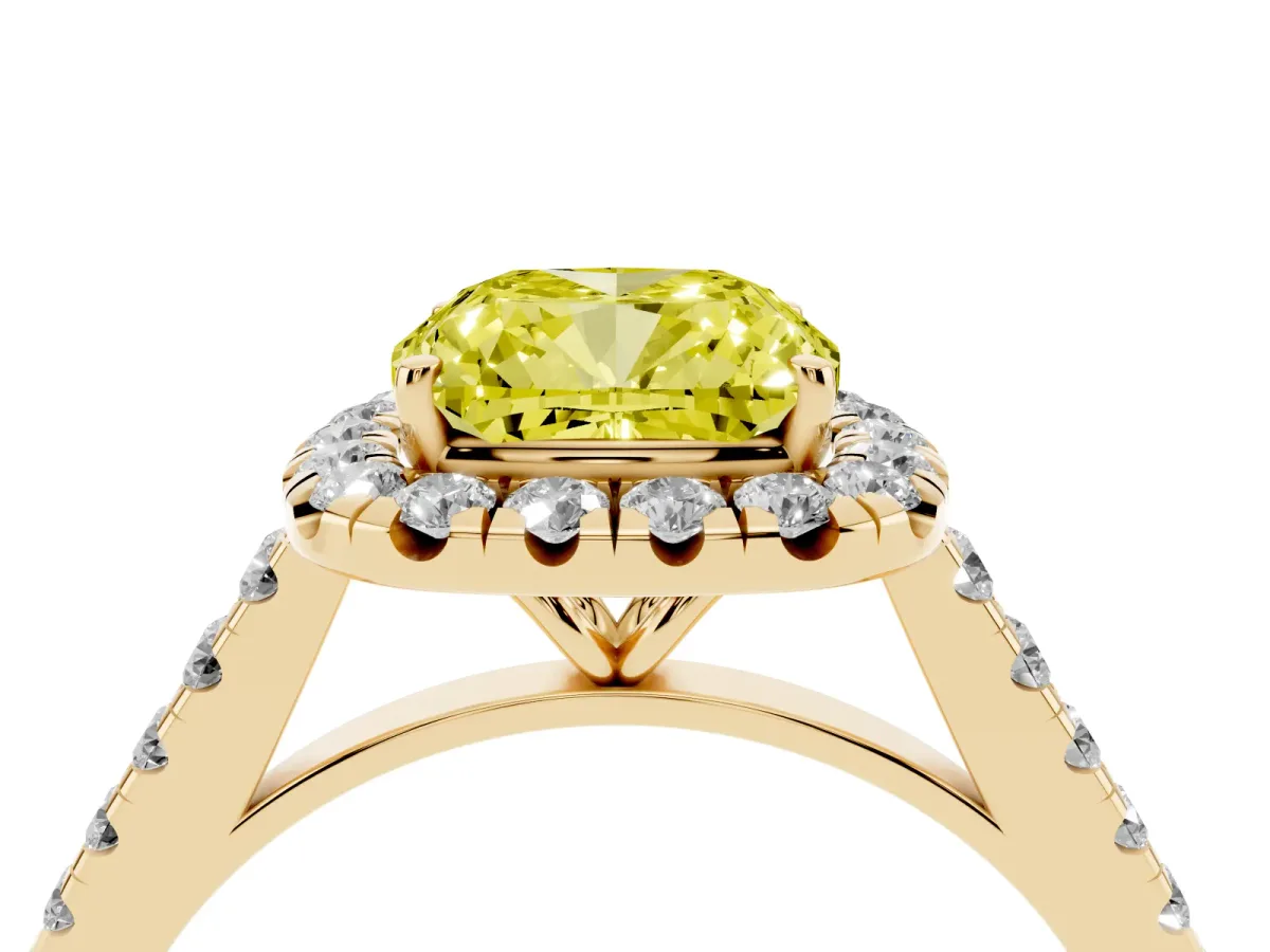 Fancy Yellow Cushion Cut Halo Pave Diamond Engagement Ring with Four-Prong Setting Yellow gold