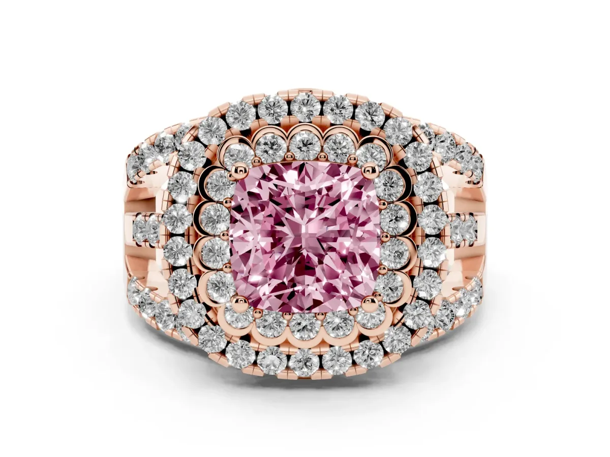 Fancy Pink Cushion Cut Diamond Double Halo Ring with Round Pavé Split Shank and Prong Setting Rose gold