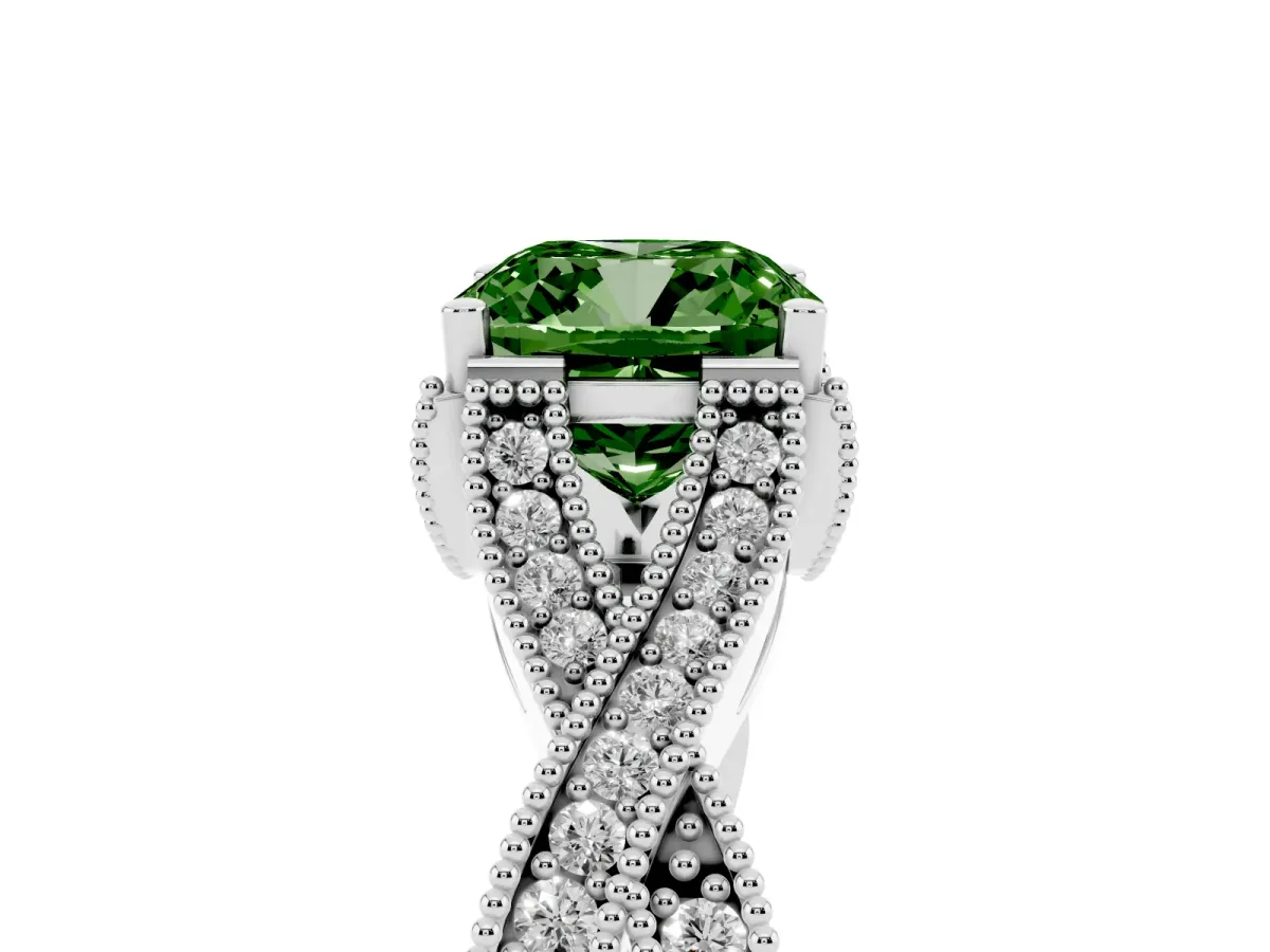 Fancy Green Cushion Cut Cut Diamond Twisted Band with Milgrain Pave Setting and Four-Prong Setting Platinum
