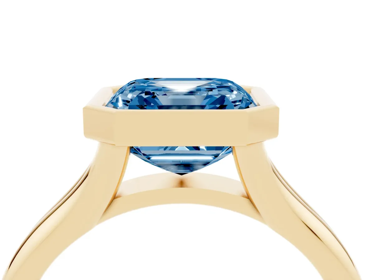 Fancy Blue Bezel Set Asscher Cut Solitaire Diamond Ring with Smooth Band Yellow gold