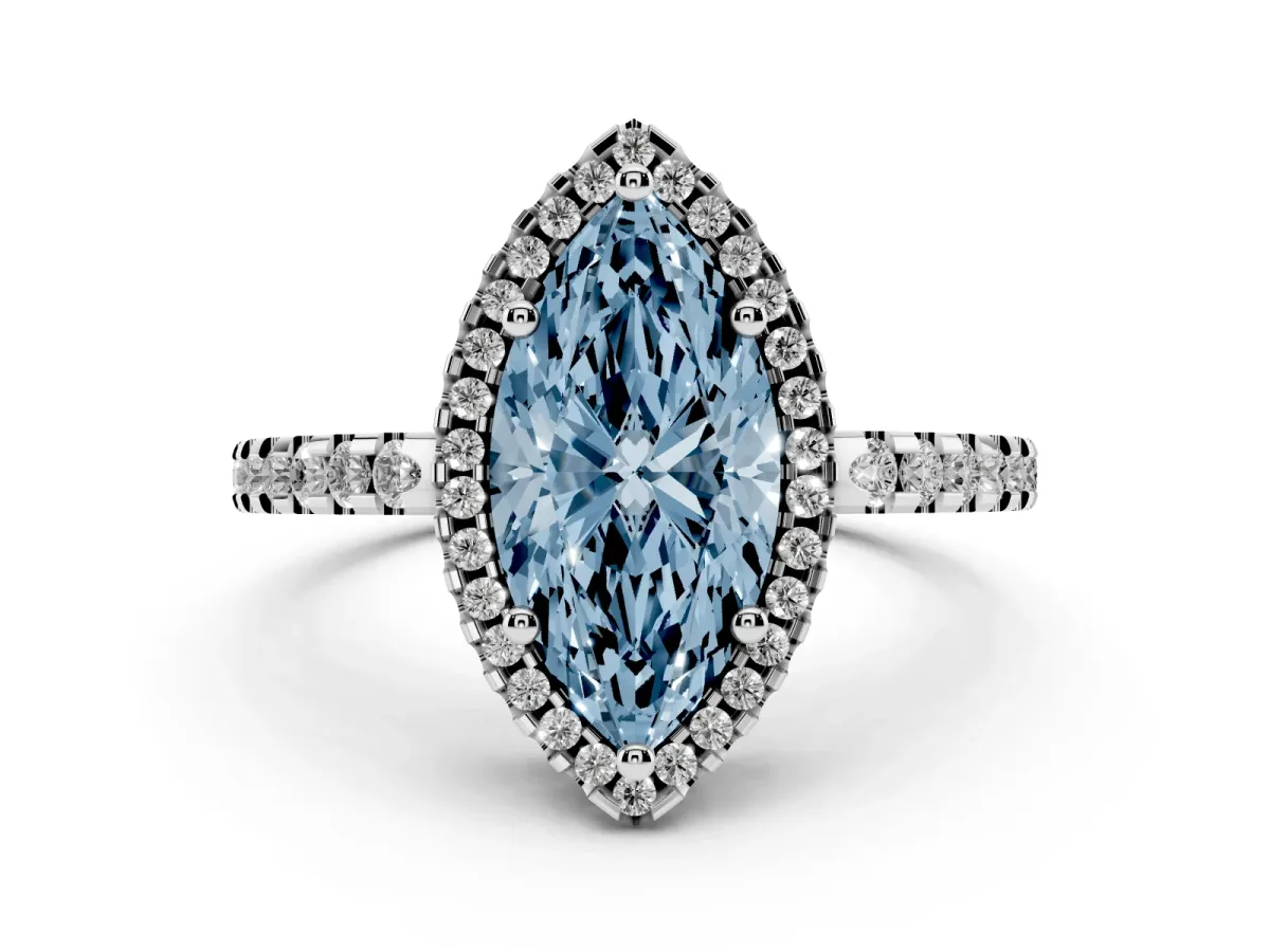 Fancy Blue Marquise Cut Diamond Halo Engagement Ring with Pavé Band and Prong Setting Platinum