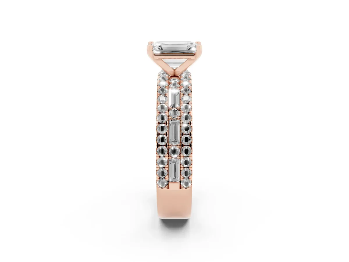 Emerald Cut Diamond Solitaire Ring with Pavé and Channel Set Band Rose gold