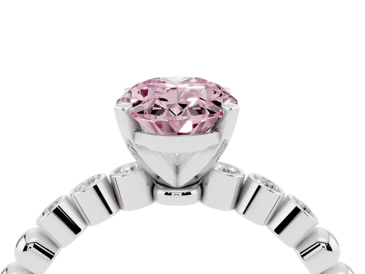Fancy Pink Oval Cut Solitaire Bezel Accent Diamond Engagement Ring with Beaded Band and Four-Prong Setting Platinum