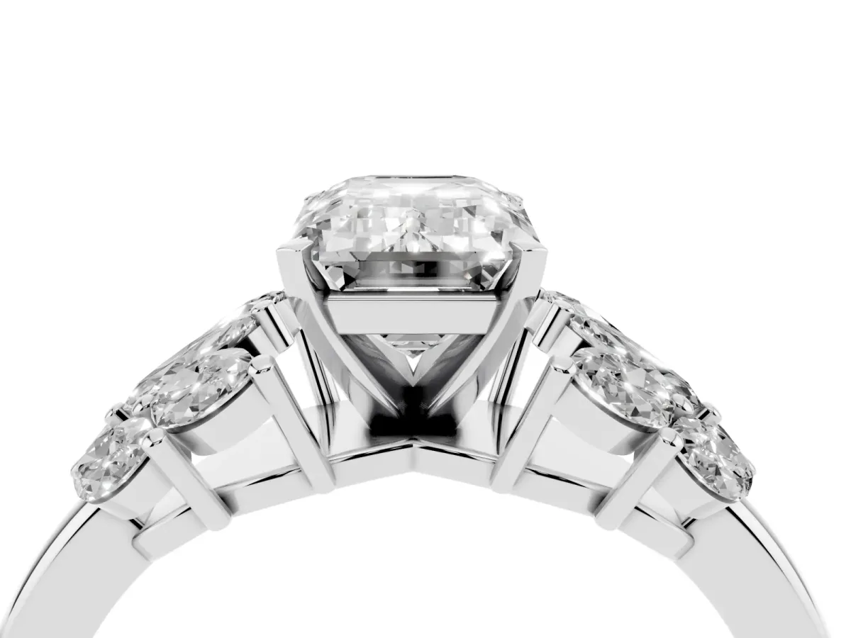 Emerald Cut Diamond Cluster Leaf Design Ring with Prong Setting White gold