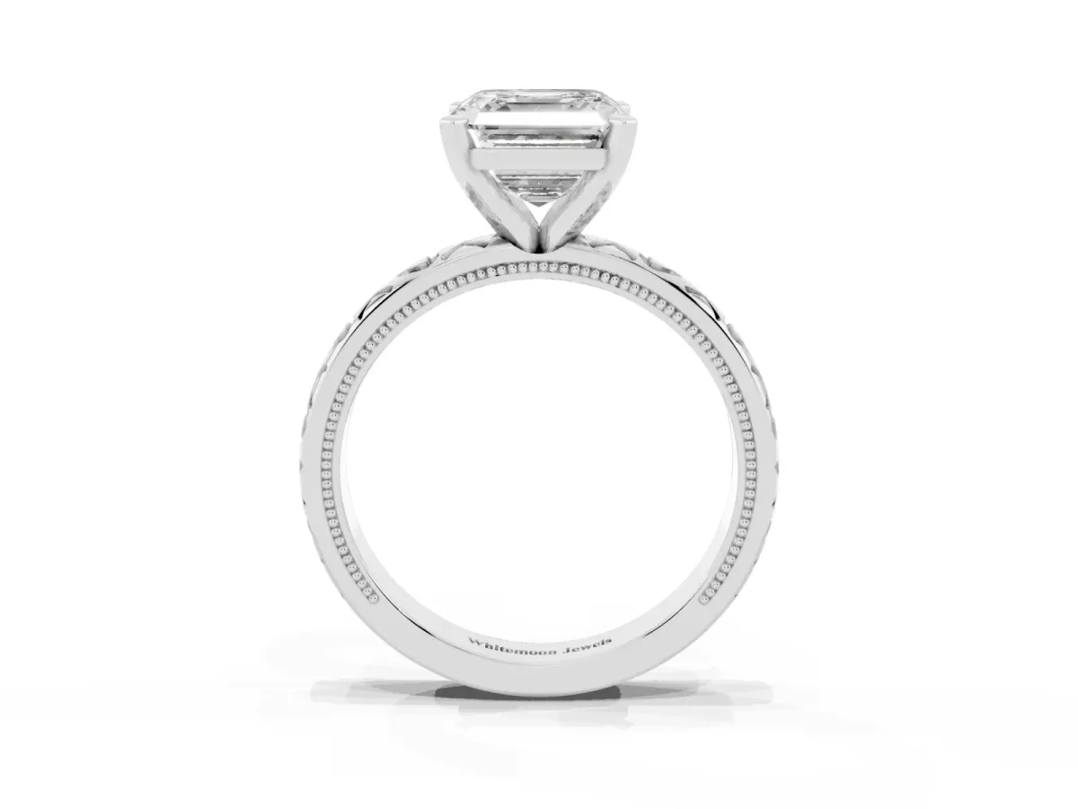 Asscher Cut Solitaire Diamond Engagement Ring with XO Engraved Band and Four-Prong Setting White gold