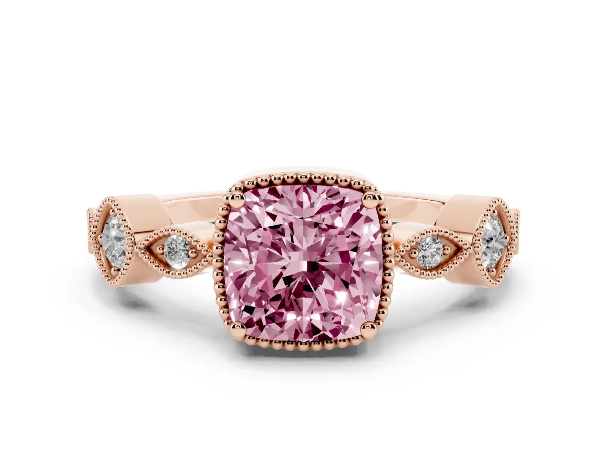 Fancy Pink Cushion Cut Diamond Vintage Milgrain Ring with Round Stations Rose gold
