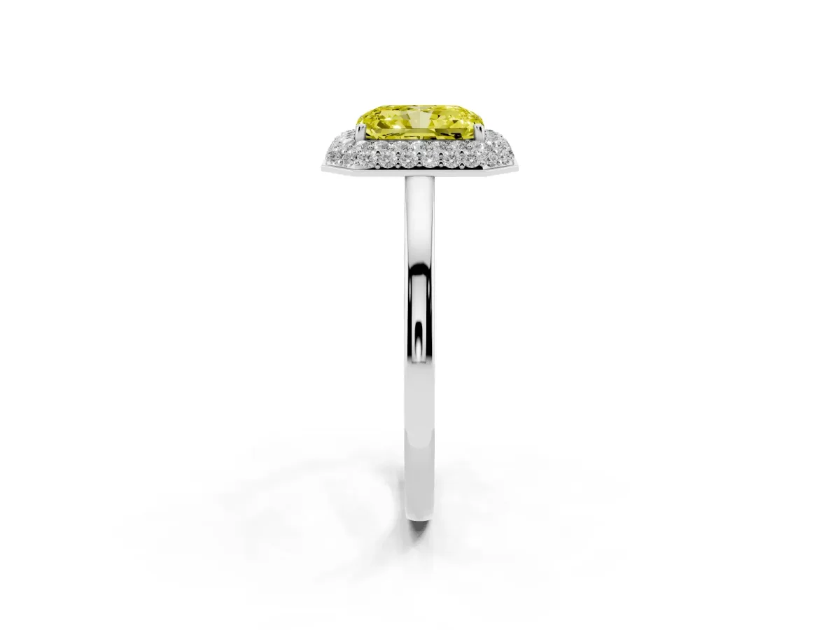 Fancy Yellow Radiant Cut Halo Diamond Engagement Ring with Solitaire Band and Four-Prong Setting Silver