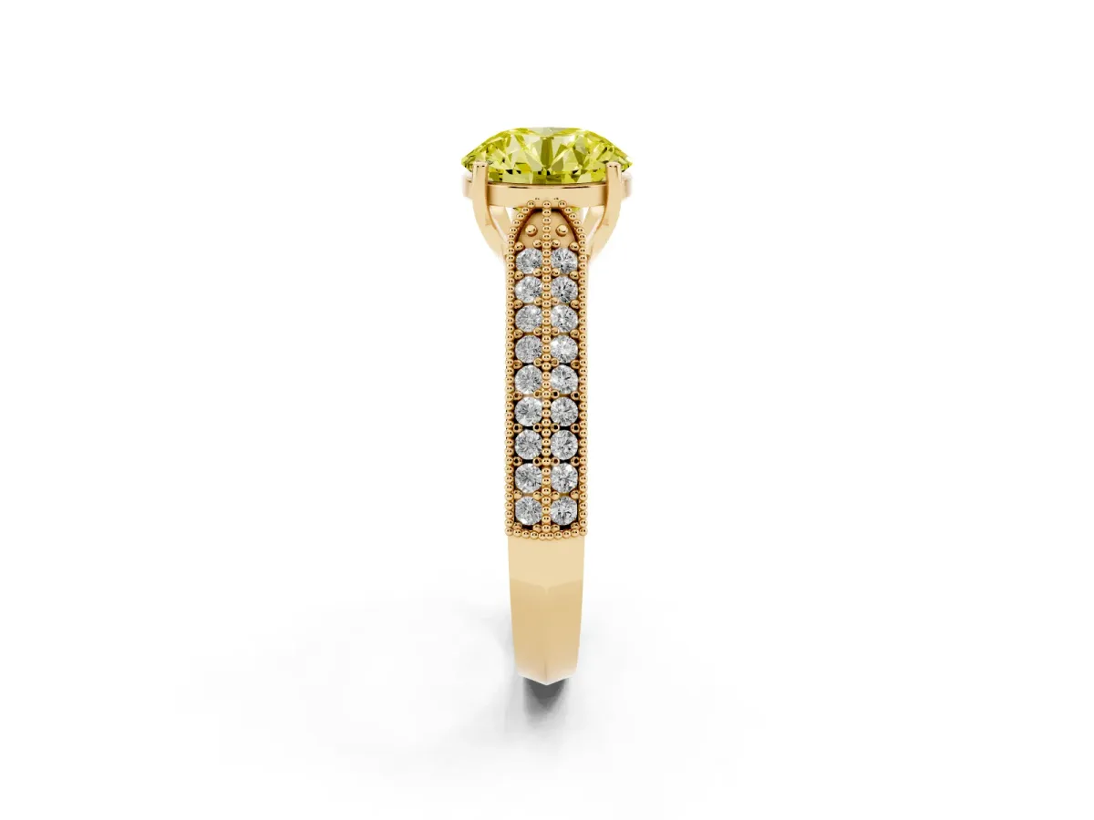 Fancy Yellow Round Cut Cut Pave Split Shank Engagement Ring with Four-Prong Setting Yellow gold